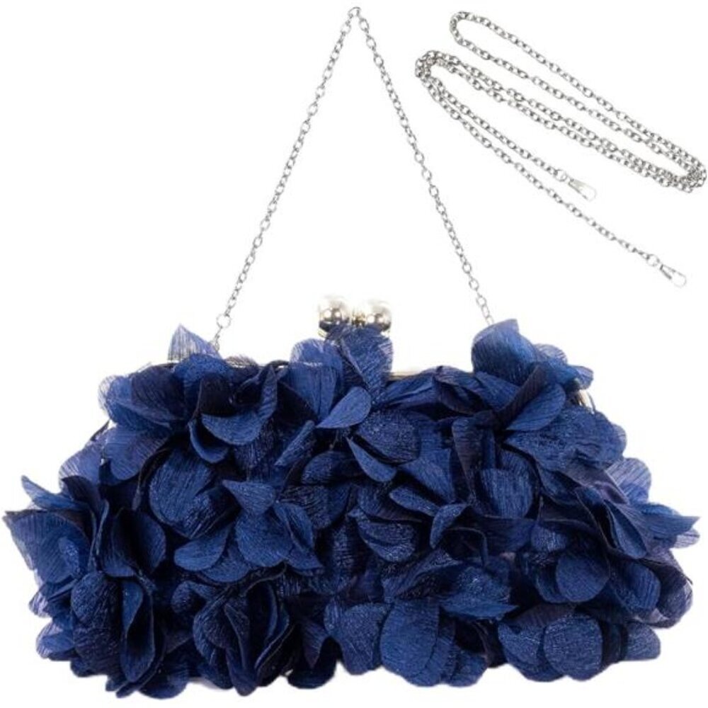 Elegant Blue Evening Purse Small Floral Clutch Bag with Detachable Chain Strap